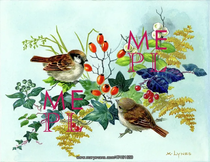  : Two Sparrows with rose hips, ivy, bracken etc