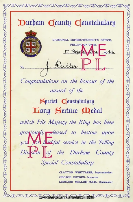 : Special Constabulary Long Service Medal Certificate, 1944 : Special Constabulary Long Service Medal Certificate, 1944