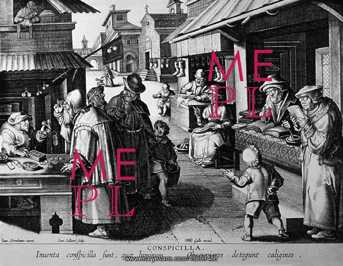 : THE SPECTACLE SELLER. A market scene in ? : THE SPECTACLE SELLER. A market scene in ?