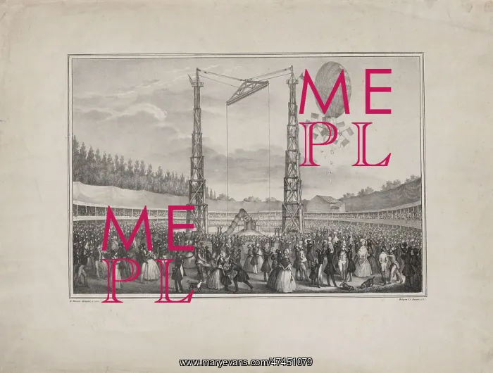 : Spectators in an arena viewing the ascension of a balloon dr : Spectators in an arena viewing the ascension of a balloon dr