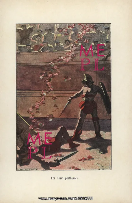 : Spectators throwing roses over a dead gladiator : Spectators throwing roses over a dead gladiator