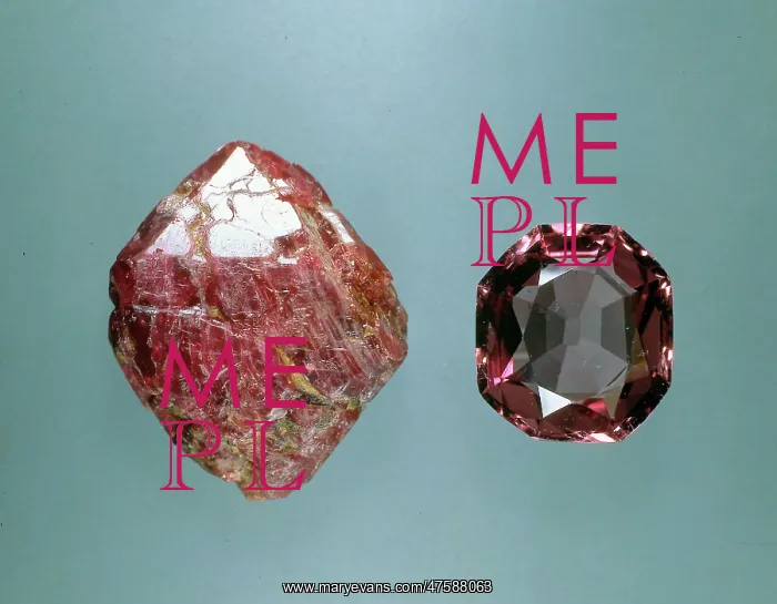 : Spinel crystal and cut stone : Spinel crystal and cut stone
