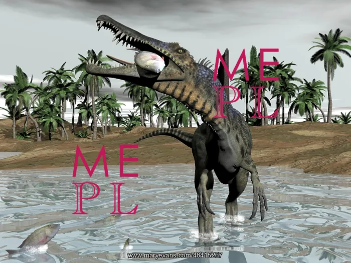 : Spinosaurus dinosaur walking in water and feeding on fish : Spinosaurus dinosaur walking in water and feeding on fish