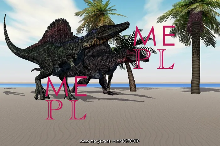 : Two Spinosaurus dinosaurs amble down a beach looking for ? : Two Spinosaurus dinosaurs amble down a beach looking for ?