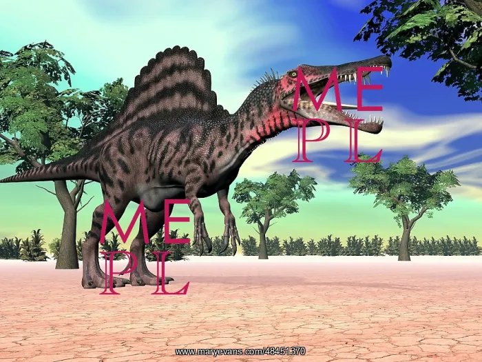: Spinosaurus standing in the desert with trees : Spinosaurus standing in the desert with trees