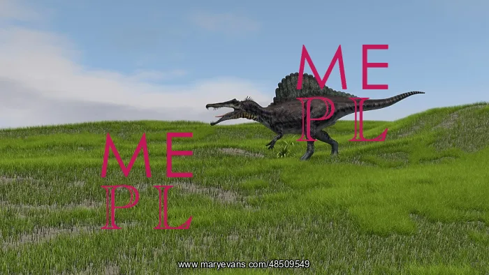 : Spinosaurus walking across a grassy field : Spinosaurus walking across a grassy field