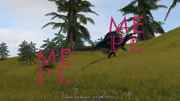 : Spinosaurus walking across a grassy field : Spinosaurus walking across a grassy field
