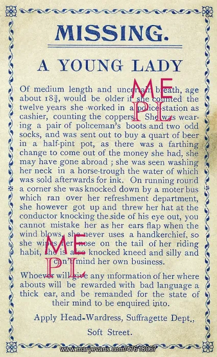 : Spoof missing notice, anti-suffrage satire : Spoof missing notice, anti-suffrage satire