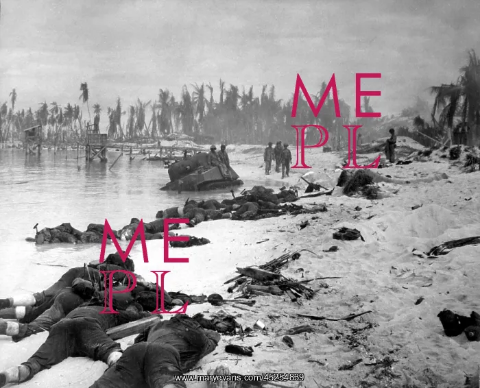 : Sprawled bodies on beach of Tarawa Island, Gilbert : Sprawled bodies on beach of Tarawa Island, Gilbert