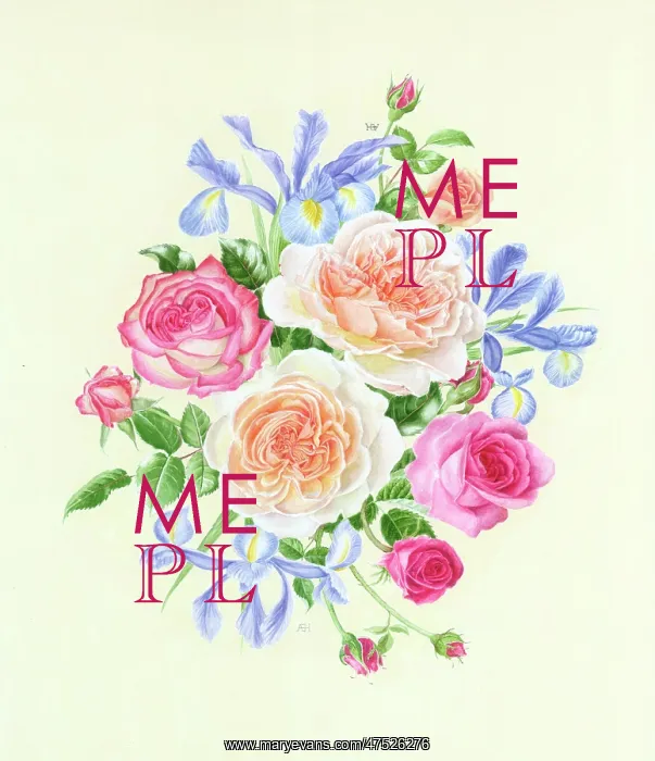 : Spray of peach and pink roses with irises