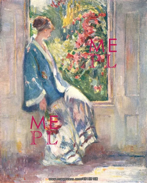 : Spring. A portrait painting of a lady sitting on an open window ledge : Spring. A portrait painting of a lady sitting on an open window ledge