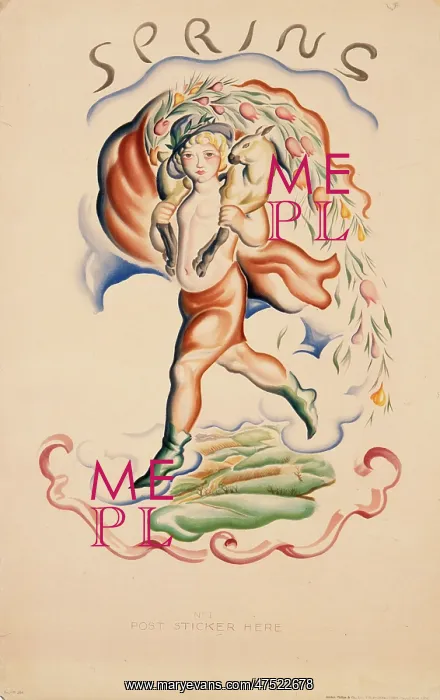 : Spring. Poster heralding the season of spring featuring a fresh-faced farmer : Spring. Poster heralding the season of spring featuring a fresh-faced farmer