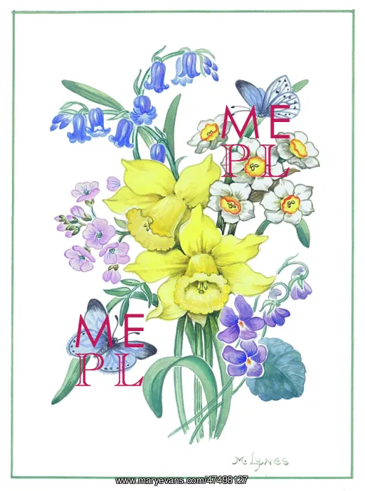 : Spring flowers with blue butterflies : Spring flowers with blue butterflies