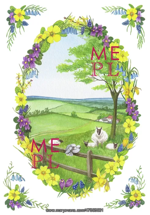 : Spring landscape with sheep, in oval of flowers : Spring landscape with sheep, in oval of flowers