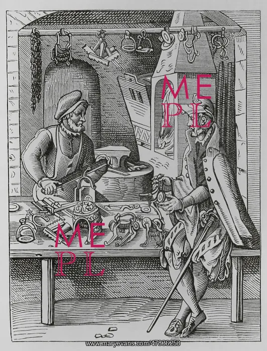 : The spur maker The armourer, 16th century. Engraving : The spur maker The armourer, 16th century. Engraving