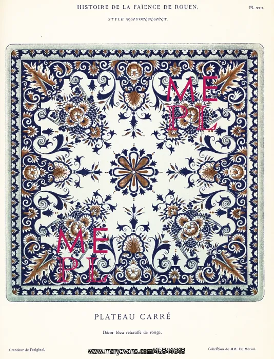 : Square platter in blue and red, festoon style, Rouen : Square platter in blue and red, festoon style, Rouen