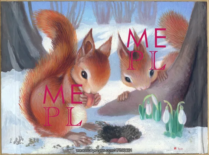 : Two Squirrels with nuts and snowdrops : Two Squirrels with nuts and snowdrops