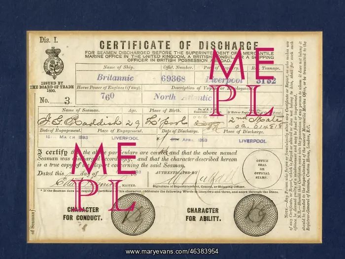 : SS Britannic, Certificate of Discharge, Seaman Raddish : SS Britannic, Certificate of Discharge, Seaman Raddish