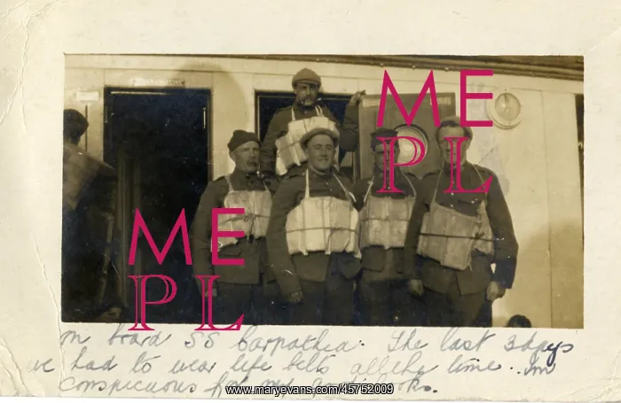 : SS Carpathia - men in life jackets, WW1 : SS Carpathia - men in life jackets, WW1