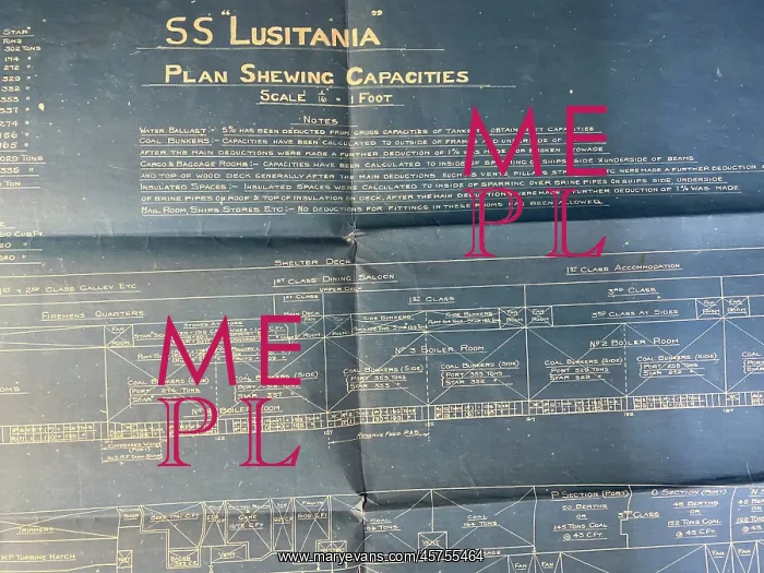 : SS Lusitania - blueprint plan showing capacities, WW1 : SS Lusitania - blueprint plan showing capacities, WW1