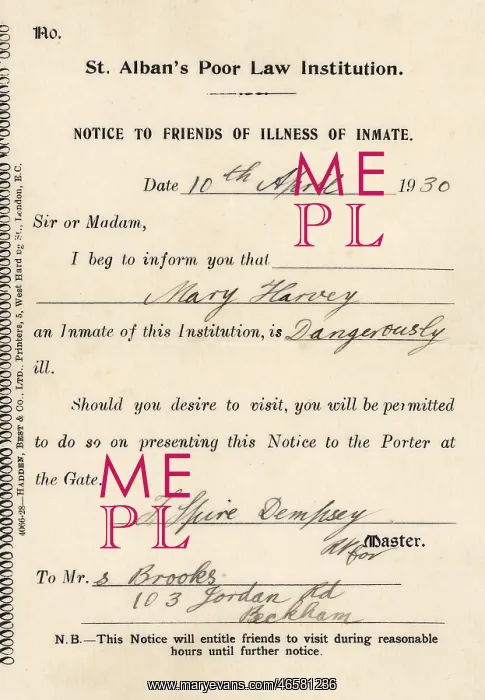 : St Albans Poor Law Institution, Notice of Illness of Inmate : St Albans Poor Law Institution, Notice of Illness of Inmate