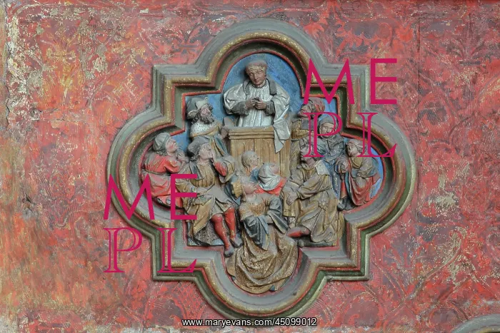 : St Firmin preaching, plaque, choir screen, Amiens : St Firmin preaching, plaque, choir screen, Amiens