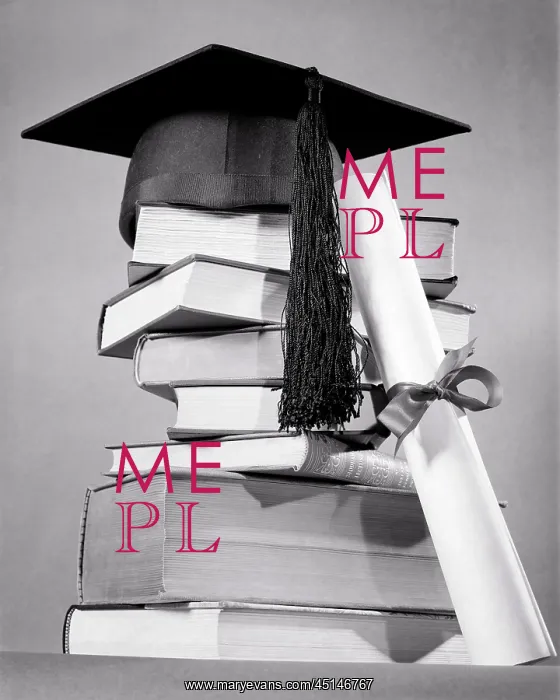 : Stack of Books with Diploma Leaning on Side and : Stack of Books with Diploma Leaning on Side and