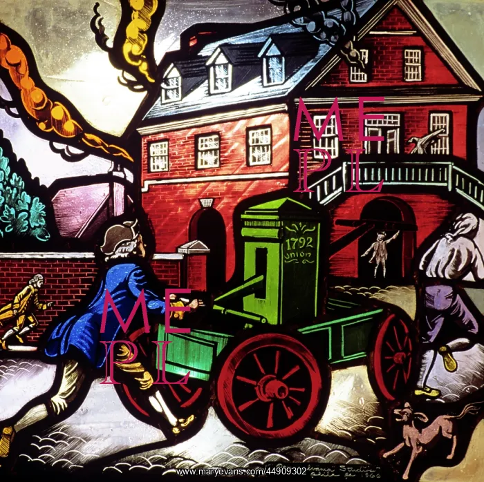 : Stained Glass Window Of Firemen Putting Out House Fire With : Stained Glass Window Of Firemen Putting Out House Fire With