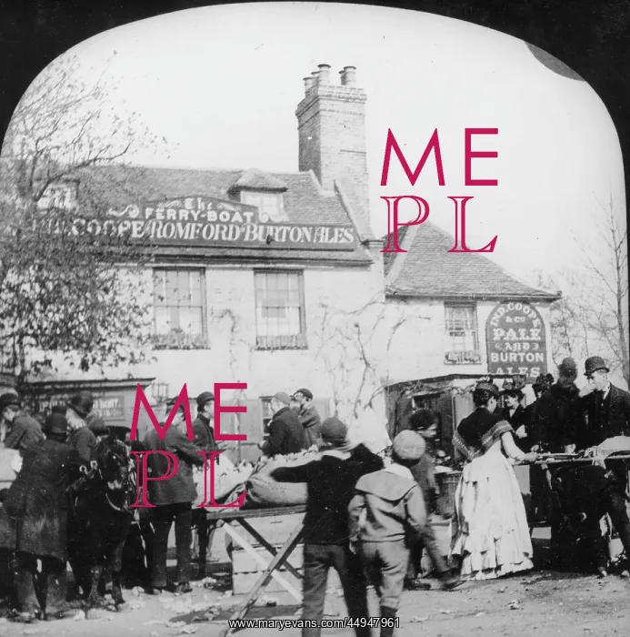 : Stalls outside The Ferry Boat pub, 1880s : Stalls outside The Ferry Boat pub, 1880s