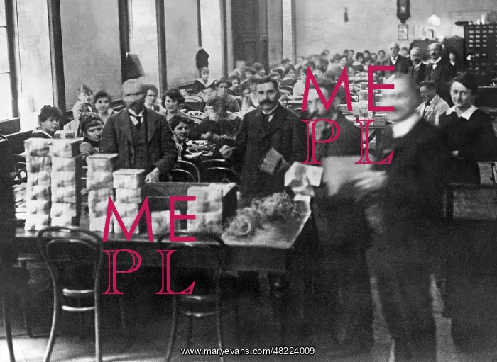 : Stamping of banknotes in Vienna, 1919 : Stamping of banknotes in Vienna, 1919