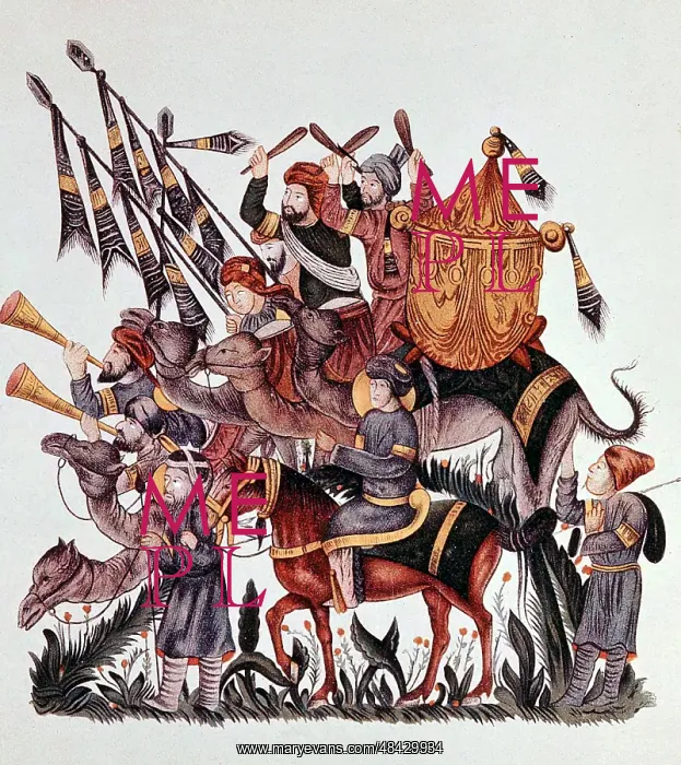 : Standard bearers, drummers and trumpeters of a : Standard bearers, drummers and trumpeters of a