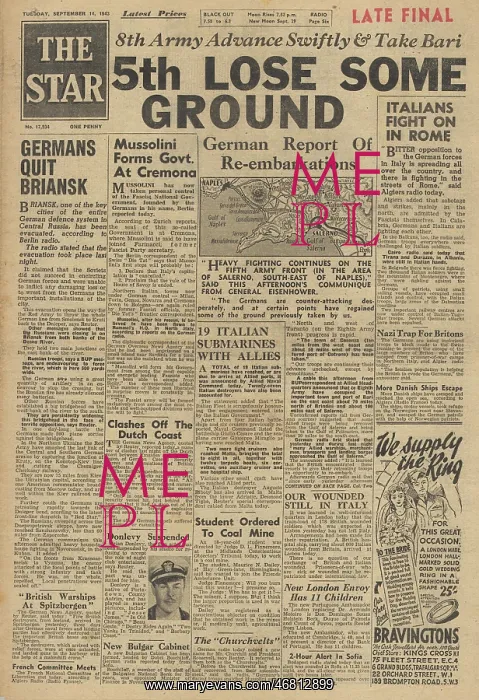 : The Star front page Battle for Salerno : The Star front page Battle for Salerno