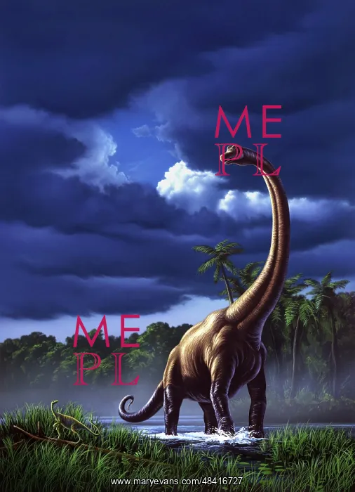 : A startled Brachiosaurus splashes through a swamp against a : A startled Brachiosaurus splashes through a swamp against a