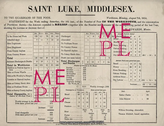 : Statement of Poor Relief in St Luke's Parish, 1854 : Statement of Poor Relief in St Luke's Parish, 1854