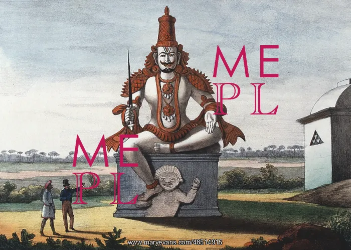 : Statue of a Hindu evil genie. Coloured lithograph : Statue of a Hindu evil genie. Coloured lithograph