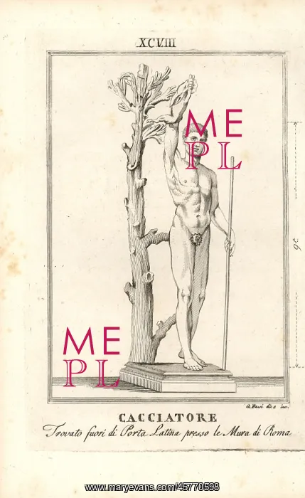 : Statue of a hunter with staff standing near : Statue of a hunter with staff standing near