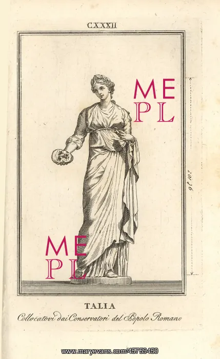 : Statue of Thalia, muse of comedy, with mask and trumpet : Statue of Thalia, muse of comedy, with mask and trumpet