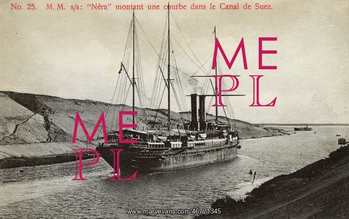 : Steamship Nera navigating a curve in the Suez Canal, Egypt : Steamship Nera navigating a curve in the Suez Canal, Egypt