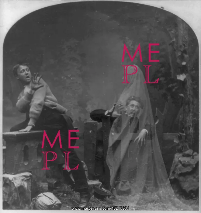 : Stereograph shows a ghost scaring man and ? : Stereograph shows a ghost scaring man and ?