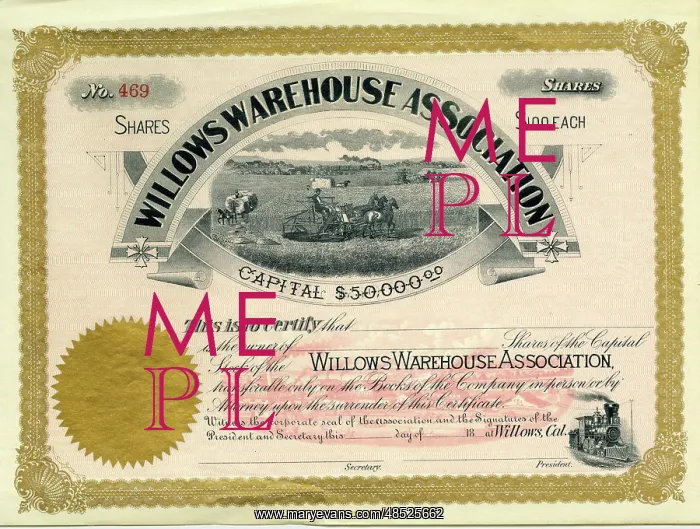 : Stock Share Certificate - Willows Warehouse Association : Stock Share Certificate - Willows Warehouse Association
