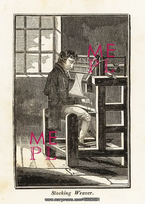 : Stocking weaver seated at a loom in a workshop : Stocking weaver seated at a loom in a workshop