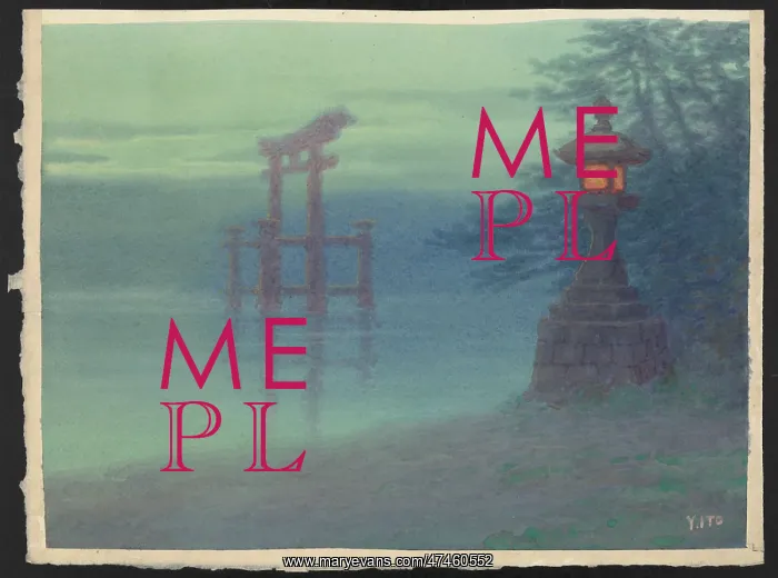 : Stone lantern on shore and a torii in a lake : Stone lantern on shore and a torii in a lake
