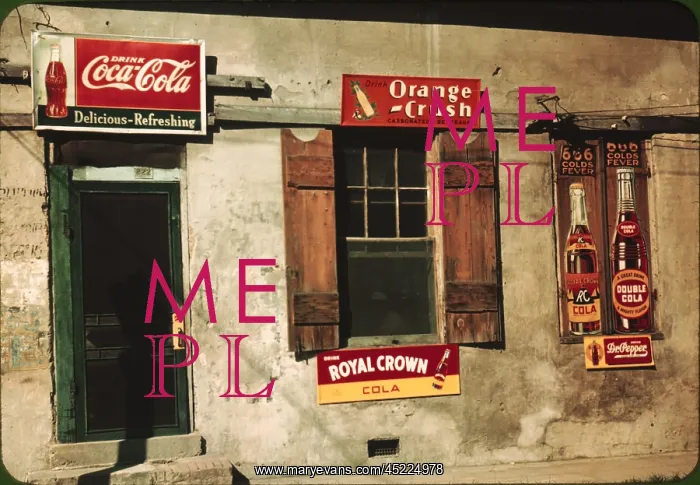 : A store or cafe with soft drink signs: Coca-Cola, ? : A store or cafe with soft drink signs: Coca-Cola, ?