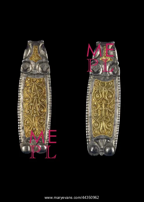 : Strap end. late-Saxon strap end; the solid silver base has a sunken field : Strap end. late-Saxon strap end; the solid silver base has a sunken field