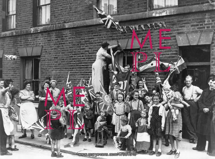 : Street celebration with flags, VE Day : Street celebration with flags, VE Day