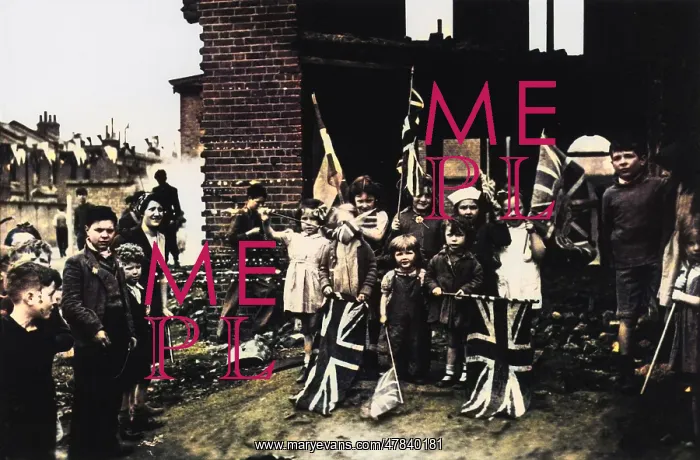 : Street celebration with flags, VE Day : Street celebration with flags, VE Day