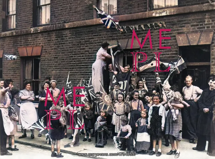 : Street celebration with flags, VE Day : Street celebration with flags, VE Day