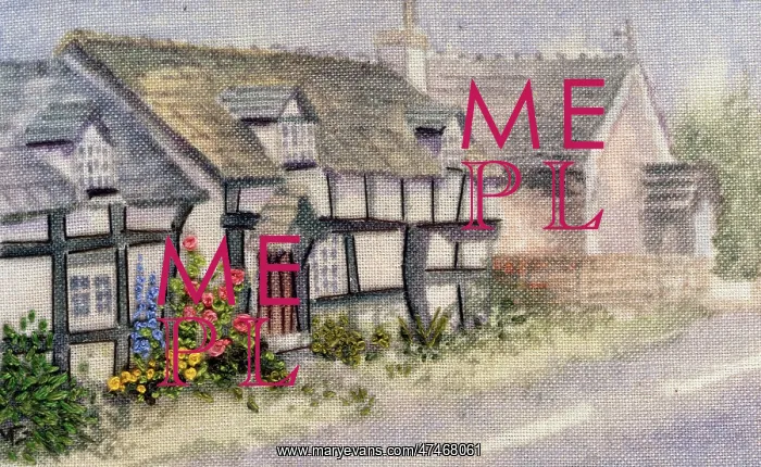 : Street with Three Cottages ? embroidery : Street with Three Cottages ? embroidery