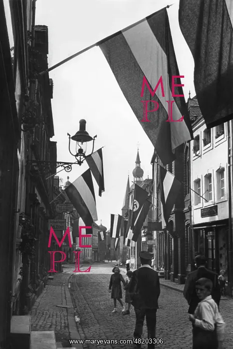 : Street decorated with flags, 1933 : Street decorated with flags, 1933
