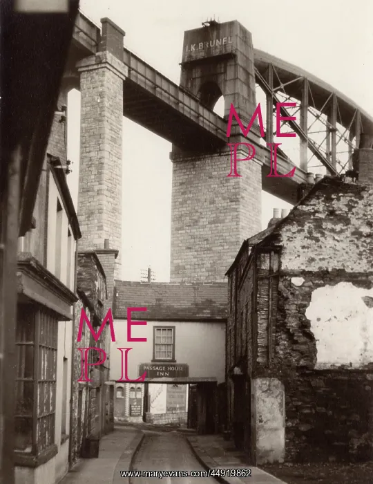 : Street scene with Royal Albert Bridge, Saltash, Cornwall : Street scene with Royal Albert Bridge, Saltash, Cornwall